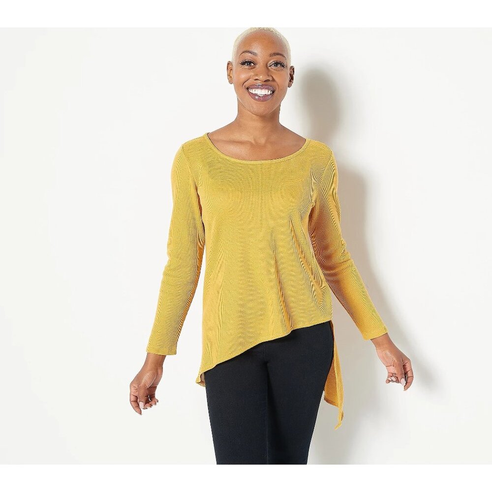 Attitudes by Renee Asymmetric Hem Waffle Top Womens M Spicy Mustard Yellow NEW